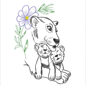 May include: A black and white line drawing of a lioness with a cub. The lioness is holding the cub close to her chest. A purple flower with a yellow center is in the background.