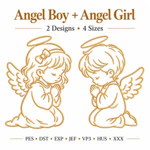Può includere: Due illustrazioni a linee dorate di angeli in ginocchio con aureole e ali, uno con un fiocco tra i capelli. Il testo recita Angel Boy + Angel Girl, 2 Designs + 4 Sizes, ed elenca i formati di file PES, DST, EXP, JEF, VP3, HUS e XXX.