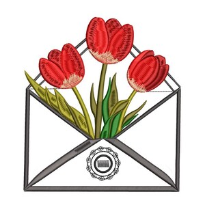 Diseño de bordado a máquina de tulipanes, archivo de diseño de bordado de flores de primavera, sobre con flores, archivo de bordado digital de regalo del Día de la Madre