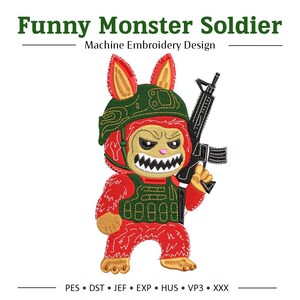 Funny Monster Soldier Machine Embroidery Design, Bunny Army Embroidery, Tactical Monster with Rifle, Digital Embroidery File