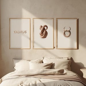Stier – drie vormen | Zodiac muurkunst set van 3 | Moderne neutrale prints | Sculpturale abstracte kunst | Minimalistisch Stier-decor