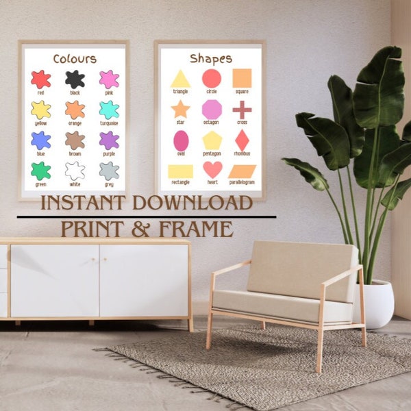 English warm shapes and colours poster, childrens bedroom decor, kids education, nursery wall art, learning resources, digital download