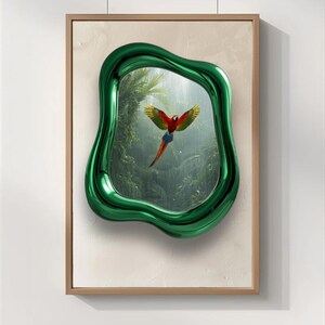 The Inner Canopy – Emerald Chrome Portal Wall Art Poster, Modern Nature Print Digital Download, Parrot Statement Art Printable
