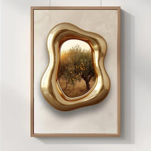 Or amer - oeuvre d'art murale portail en chrome doré, impression de verger de citronniers de la Méditerranée, décoration murale moderne de luxe, oeuvre d'art pour la cuisine et le salon