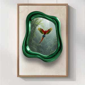 The Inner Canopy – Emerald Chrome Portal Wall Art, Modern Nature Print, Parrot Statement Art