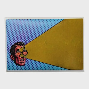 May include: A pop art style image features a man with X-Ray Specs. The man's face is red, and he is wearing glasses with the words "X-RAY SPECS". The background is divided into blue polka dots and a gold triangle.