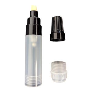 May include: A clear plastic marker pen with a black cap and a white tip. The marker pen is shown with a black cap and a clear plastic cap.