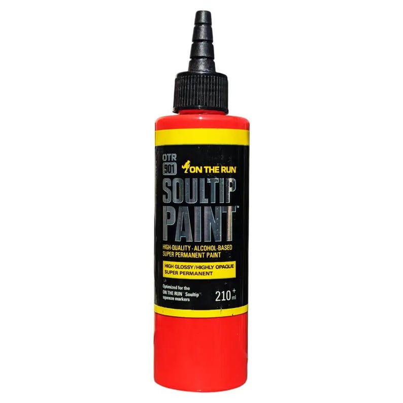 May include: A red bottle of Soultip Paint, a high-quality alcohol-based super permanent paint. The bottle is labeled with the brand name "Soultip Paint" and the text "OTR 501 On The Run". The bottle is 210 ml.