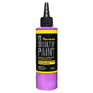 May include: A purple bottle of Soultip Paint, a high-quality alcohol-based super permanent paint. The bottle is labeled with the brand name "OTR 901 ON THE RUN" and the text "HIGH GLOSSY/HIGHLY OPAQUE SUPER PERMANENT". The bottle contains 210 ml of paint.