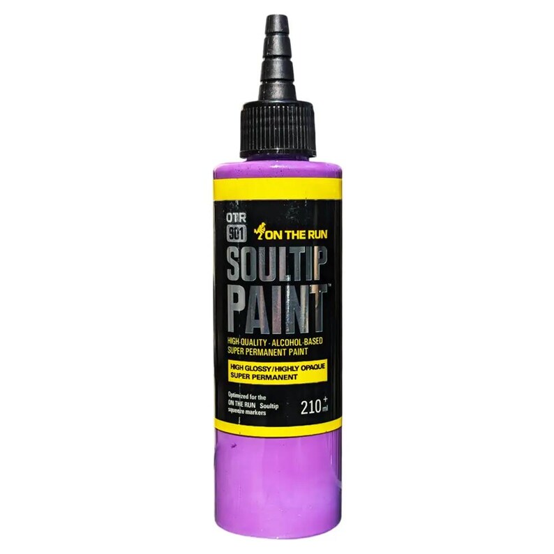 May include: A purple bottle of Soultip Paint, a high-quality alcohol-based super permanent paint. The bottle is labeled with the brand name "OTR 901 ON THE RUN" and the text "HIGH GLOSSY/HIGHLY OPAQUE SUPER PERMANENT". The bottle contains 210 ml of paint.