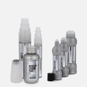 May include: A collection of silver-colored paint markers and a small bottle of Mercury Chrome Paint. The markers are labeled "MINI 05 MCP" and "MINI 10 MCP". The paint bottle is labeled "MERCURY CHROME PAINT 100".