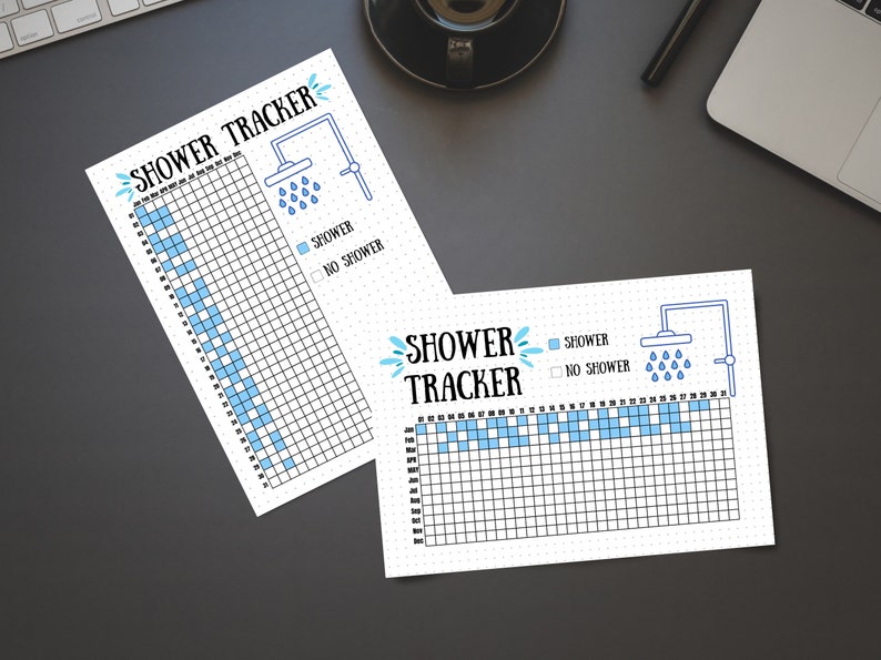 Printable Shower Tracker Yearly Hair Wash Pixel Grid Design Bullet