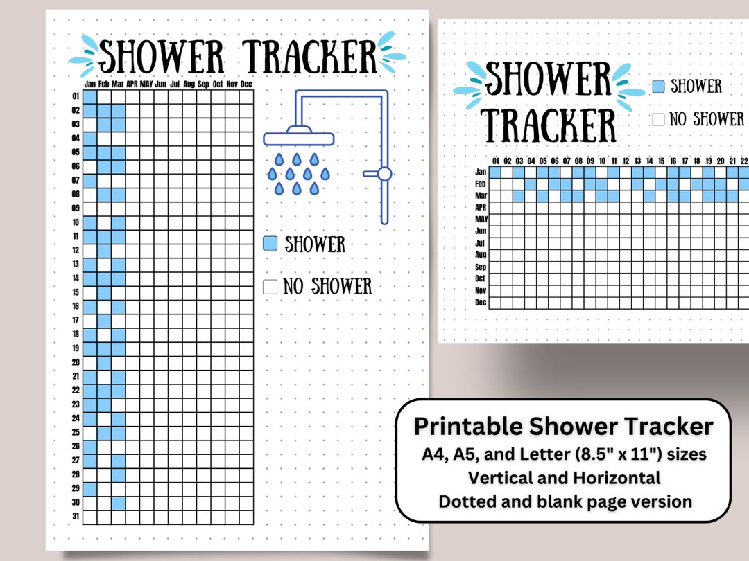 Printable Shower Tracker Yearly Hair Wash Pixel Grid Design Bullet