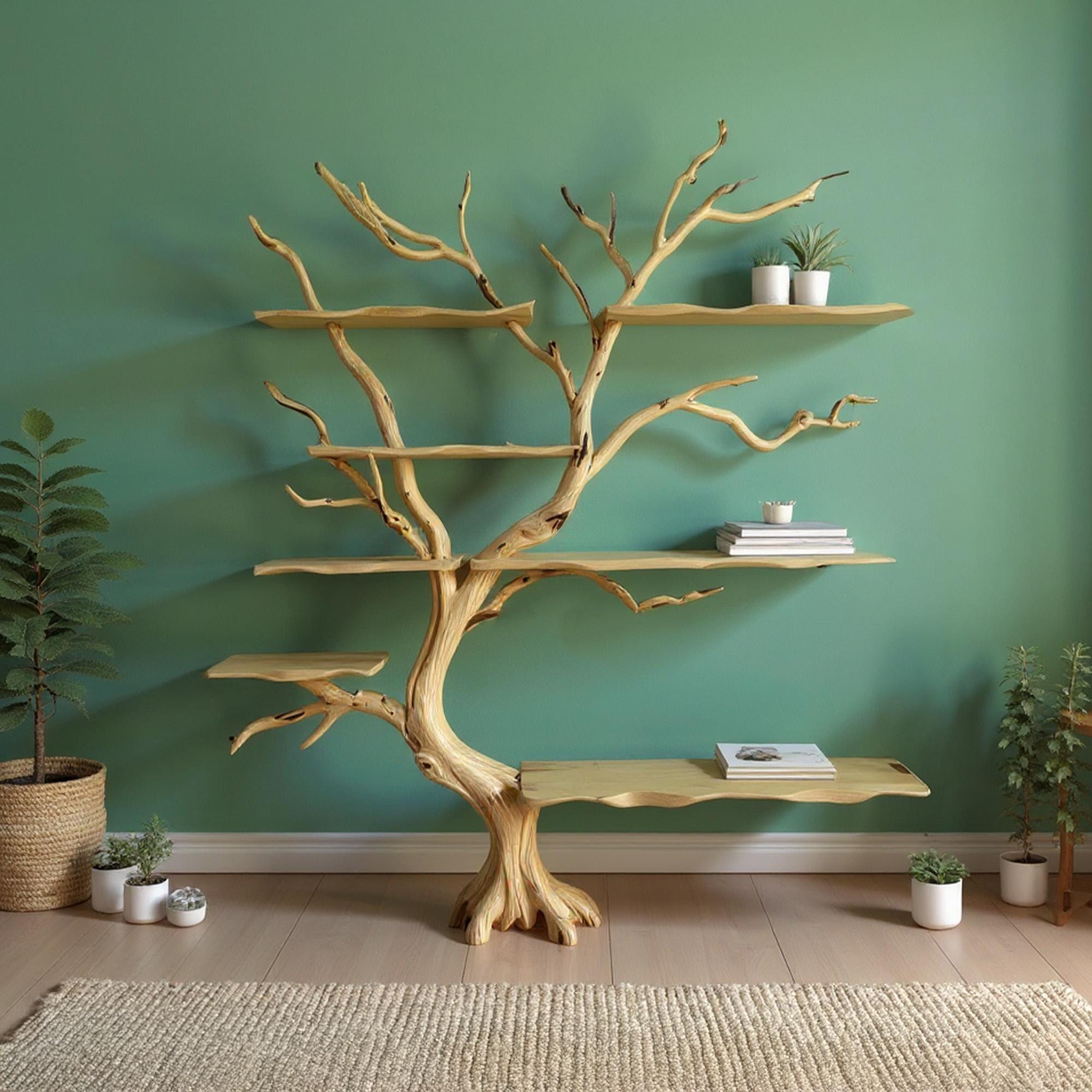 木の枝の本棚、フロア本棚、壁掛け棚、無垢材、流木の枝アート、新築