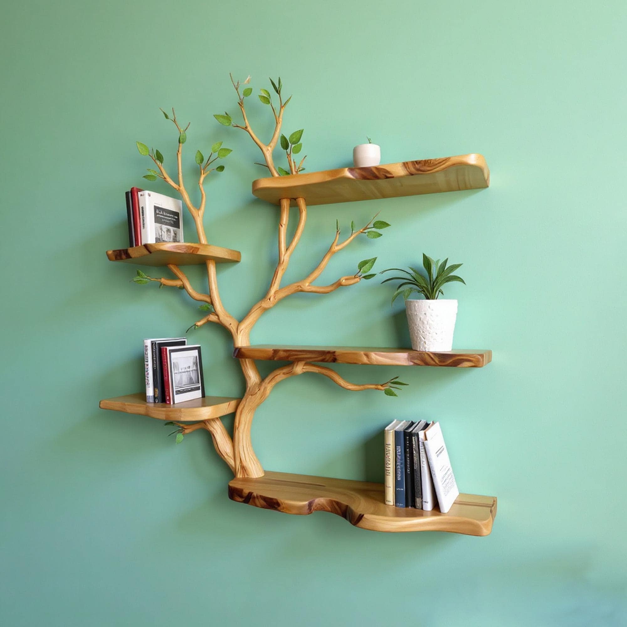 浮かぶ木の枝の本棚、無垢材の本棚、流木でできた壁掛け棚、素朴な装飾
