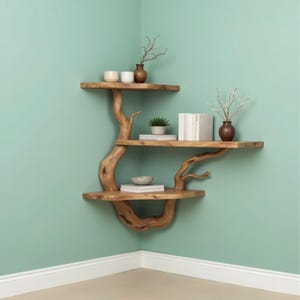 Corner floating bookshelf tree branch shelves on wall solid wood bookshelves driftwood art home decoration