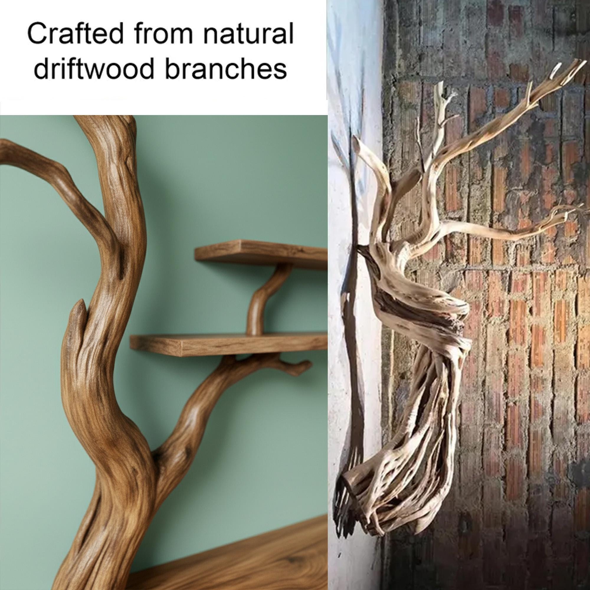 木の枝の本棚、壁掛け式、フローティング木製棚、流木の枝、リビング