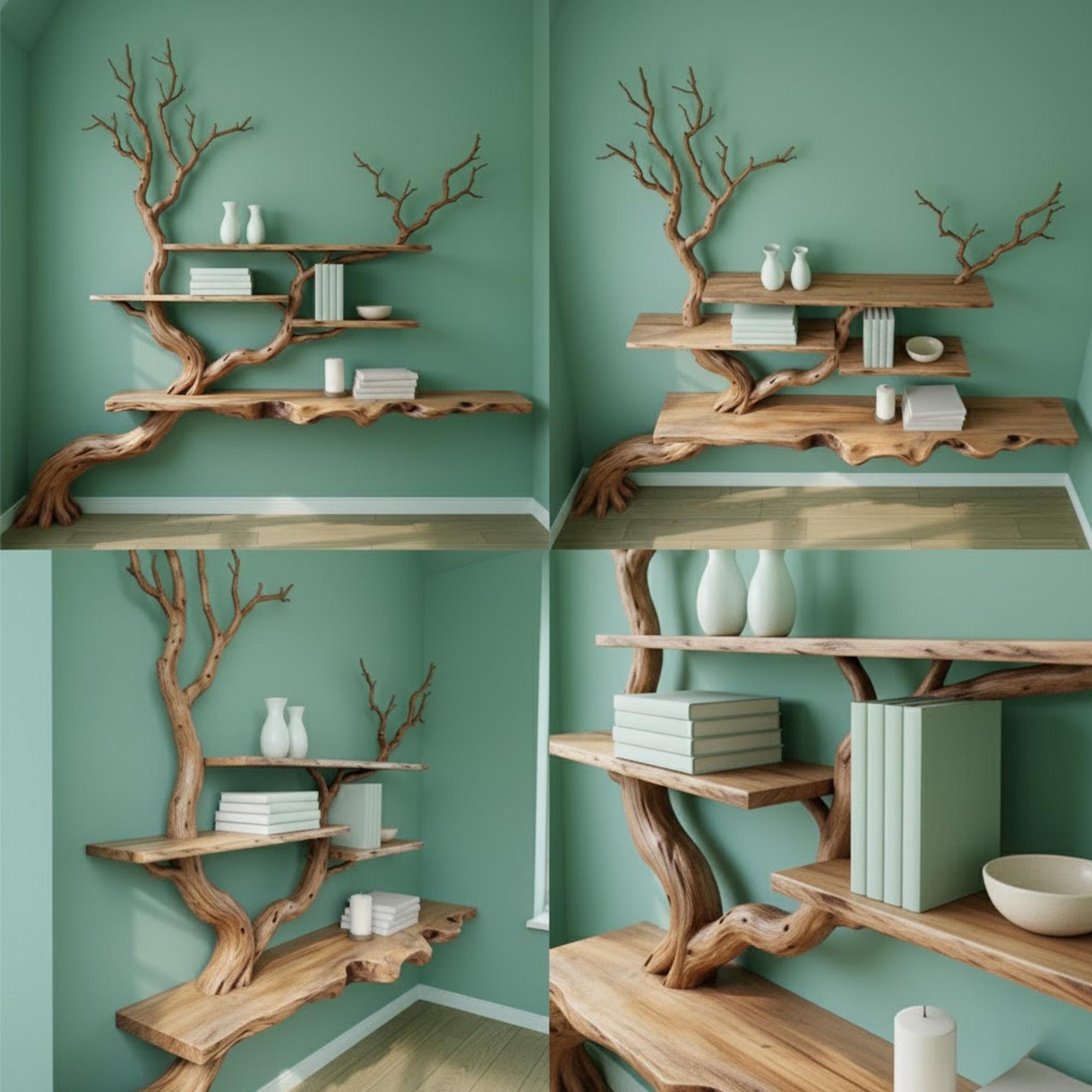 木の枝の本棚、壁掛け式、フローティング木製棚、流木の枝、リビング