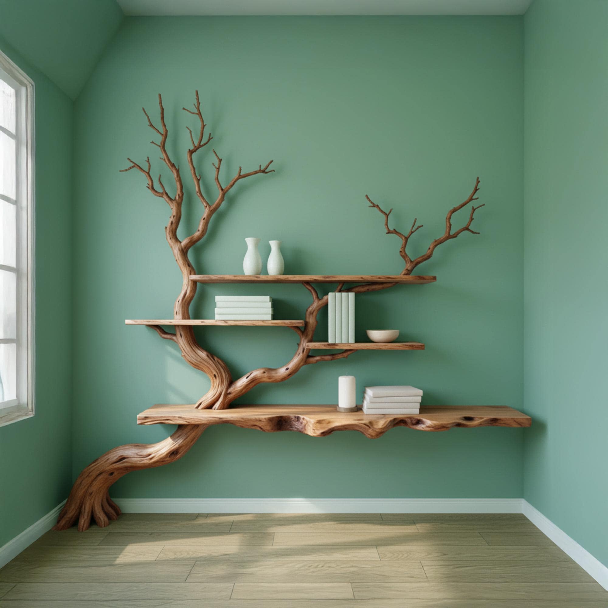 木の枝の本棚、壁掛け式、フローティング木製棚、流木の枝、リビング
