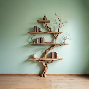Tree branch bookshelf art driftwood shelf wall mounted shelves solid wood bookcase handmade furniture