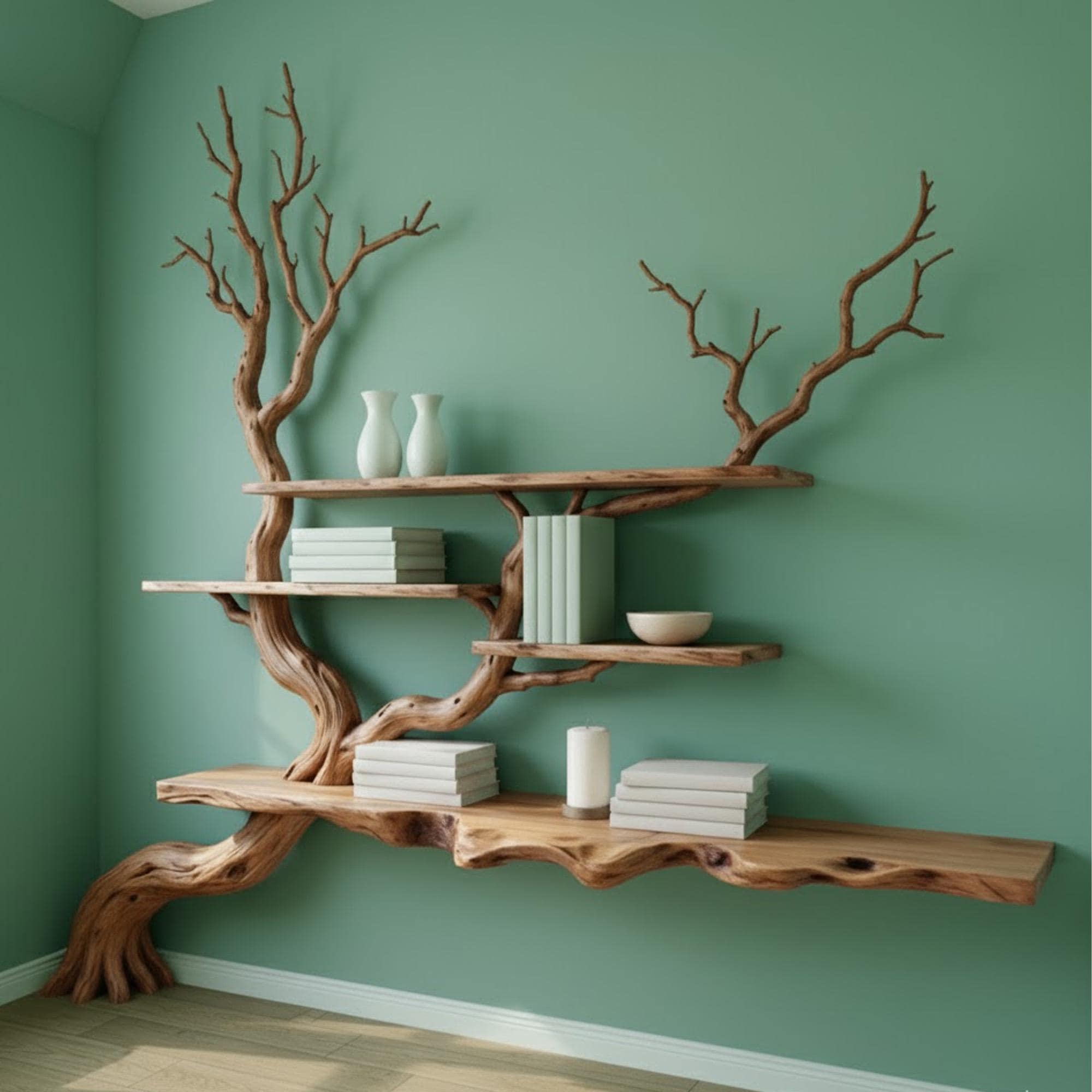 木の枝の本棚、壁掛け式、フローティング木製棚、流木の枝、リビング