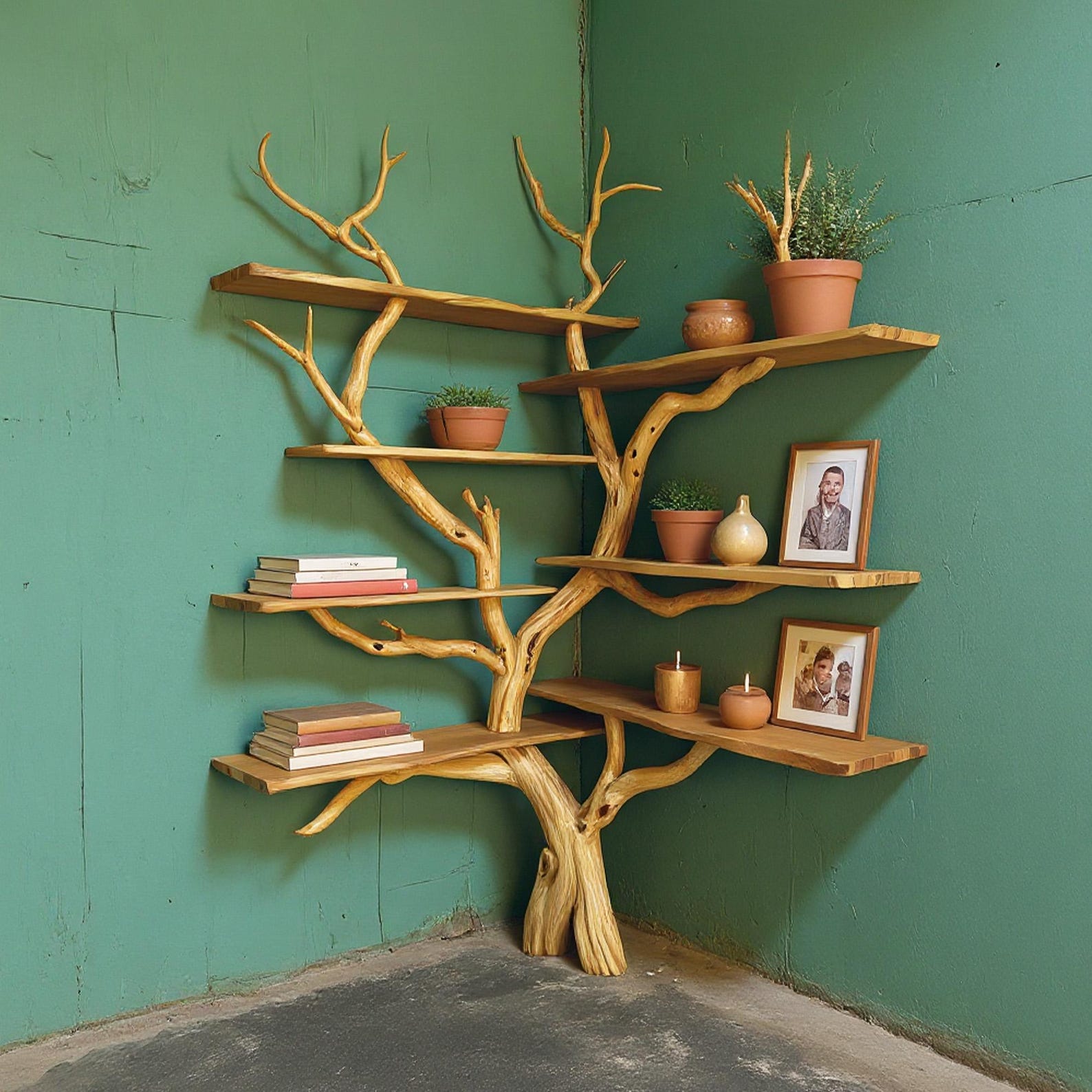 Tree Branch Corner Floating Bookshelf Solid Wood Bookcase Wall Mounted ...