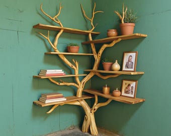 木の枝のコーナーフローティング本棚、無垢材の本棚、壁掛け棚、流木