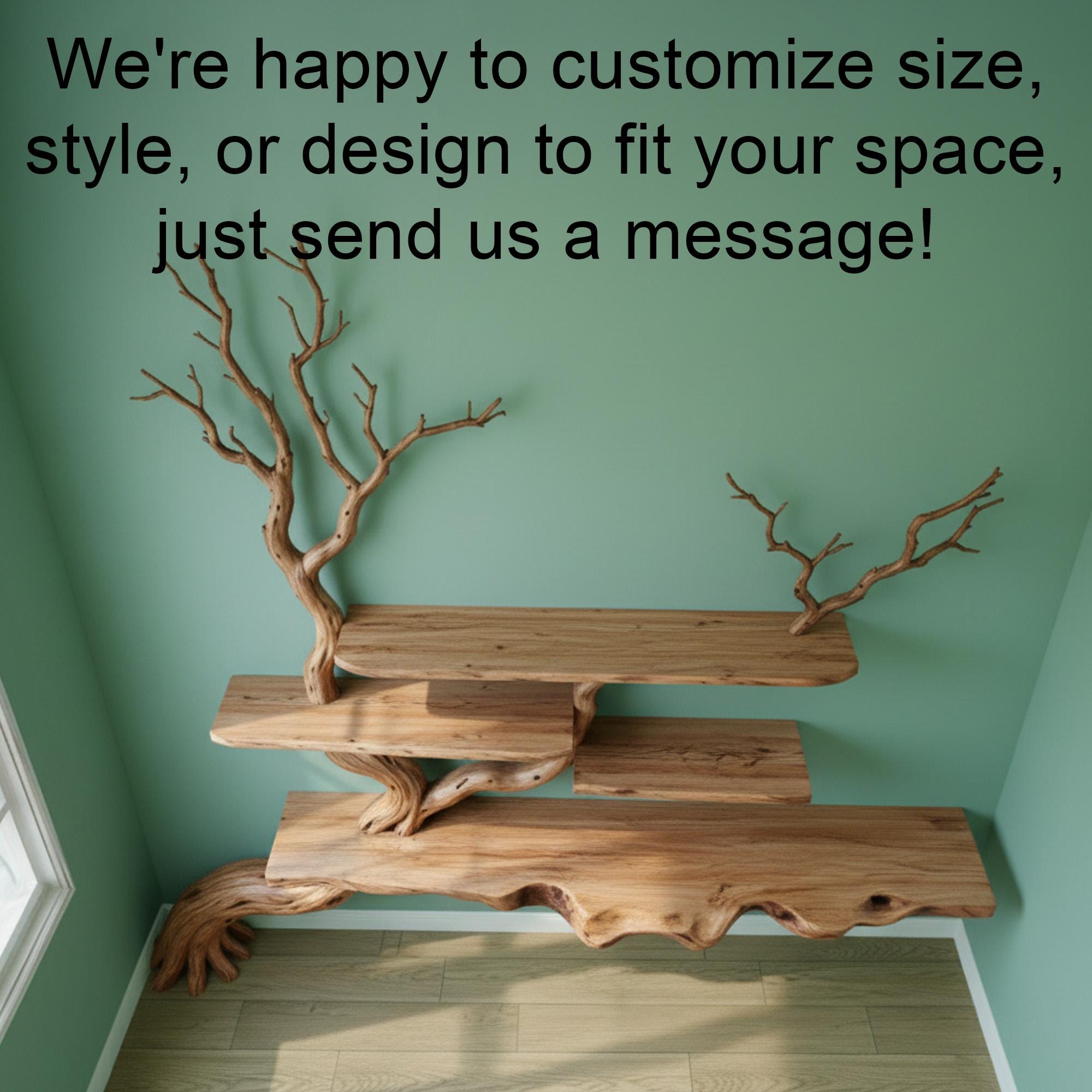 木の枝の本棚、壁掛け式、フローティング木製棚、流木の枝、リビング