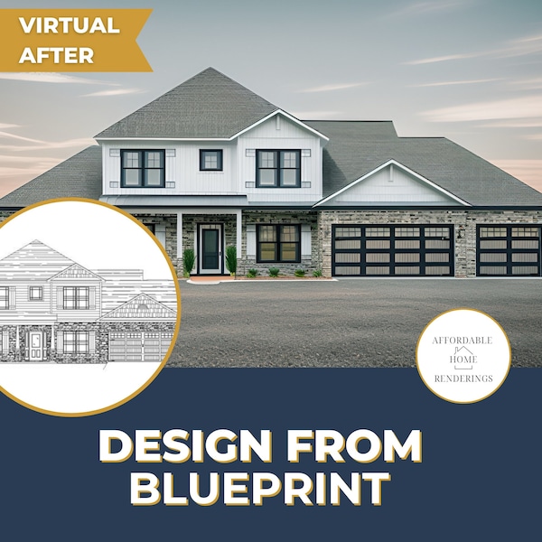 Virtual Rendering of Home Exterior from Blueprint for Visualization Inspiration- Digital File