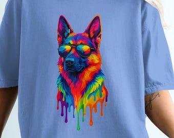 Cool German Shepherd T-Shirt, Rainbow Dog Tee, Colorful Pet Shirt, Unique Animal Lover Gift, Trending Dog Breed Apparel, Artistic Dog Design