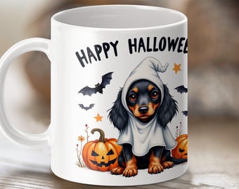 Spooky Dachshund Halloween Mug: Ghostly Wiener Dog Design, Cute Coffee Cup, Dog Lover Gift