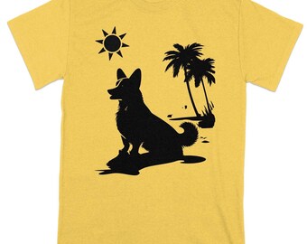 Tropical Beach Corgi Dog Silhouette T-Shirt, Sun and Palm Tree Graphic Tee, Unisex Summer Shirt, Summertime Corgi Shirt, Sunshine Corgi Tee