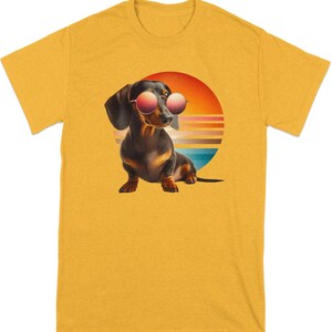Retro Dachshund Dog T-Shirt, Cool Sunglasses Pet, Colorful Sunset Graphic Tee, Unique Animal Lover Gift, Smooth Dachshund Gift, Doxie Shirt