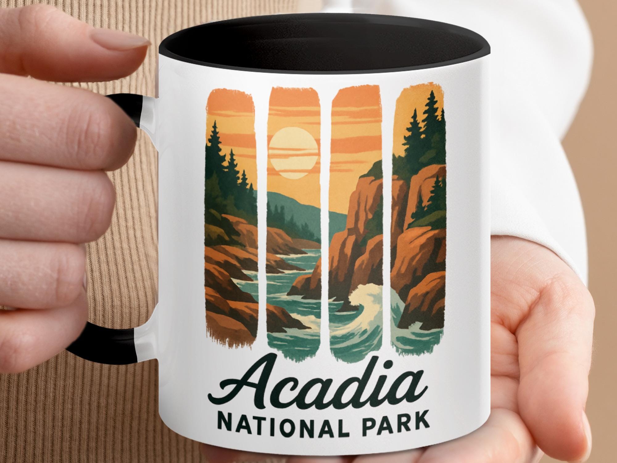 Acadia National Park Mug, Maine Souvenir Gift, Landscape Coffee Mug, Sunrise Waves Design, Travel Mug, National Park Lover Gift