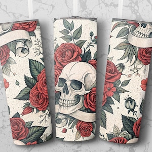 Gothic Skull Roses Tumbler Wrap PNG: Spooky Floral Digital Download for Sublimation Design, Spooky Season, Tumbler Design, Tumbler File