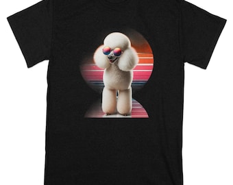Maglietta retrò con barboncino e occhiali da sole, strisce vivaci al tramonto, maglietta con grafica divertente con animali, moda unisex, maglietta con barboncino, regalo con barboncino