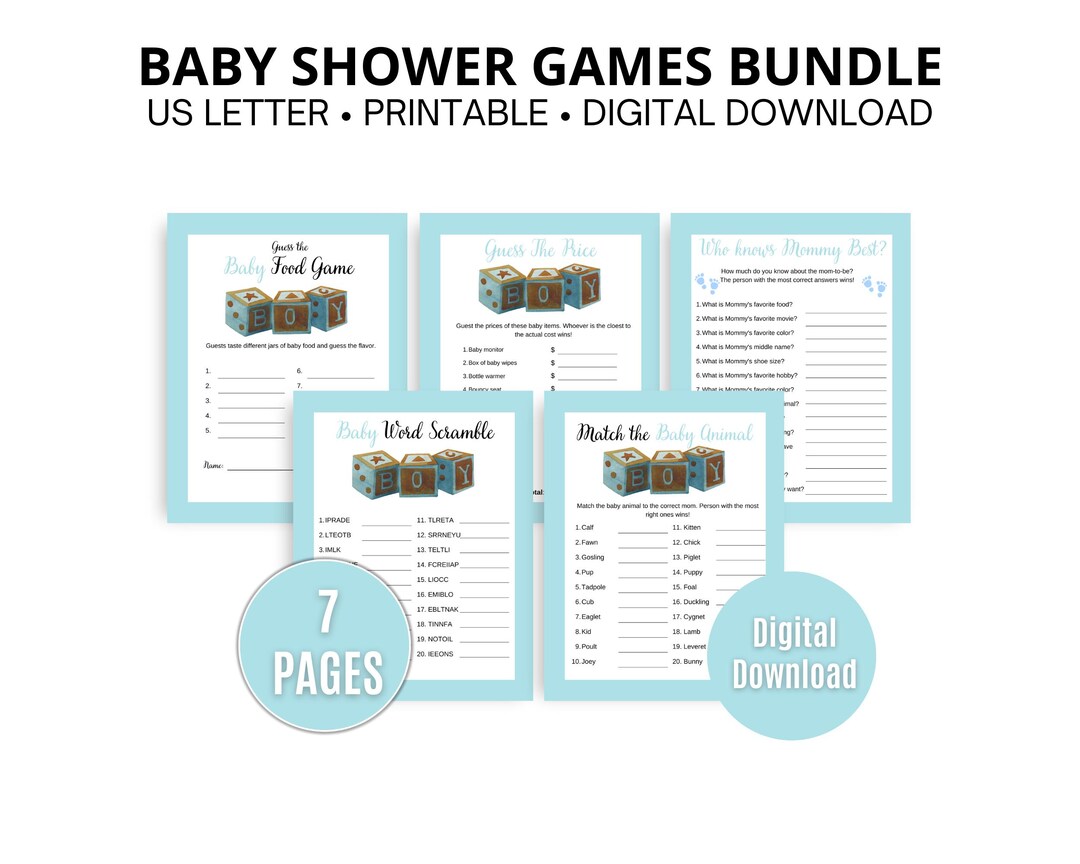 Scramble Block Baby Shower Word Scramble 5 Game Bundle Printable Blue Boy Blocks Theme ...