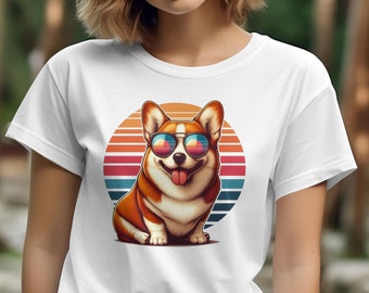Bonita camiseta con perro Corgi, divertida camiseta con gafas de sol, diseño retro colorido para mascotas, unisex, regalo para amantes del Pembroke Welsh Corgi, regalo para ella.