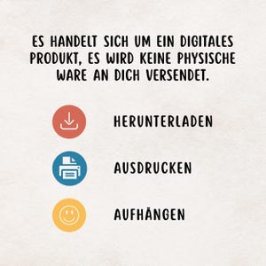 May include: A digital product announcement with text in German. The text states that no physical product will be shipped. The image includes three icons: a download icon, a printer icon, and a smiley face icon, each with a corresponding German word.