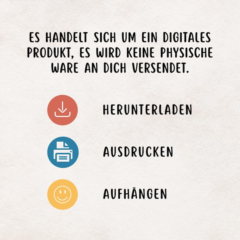 May include: A digital product announcement with text in German. The text states that no physical product will be shipped. The image includes three icons: a download icon, a printer icon, and a smiley face icon, each with a corresponding German word.
