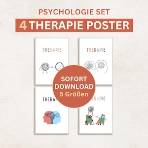 Puede incluir: Un conjunto de cuatro carteles de terapia con la palabra "THERAPIE" en colores pastel. Los carteles presentan dibujos lineales de conceptos de salud mental, incluyendo una cara sonriente, un cerebro y una sesión de terapia. El texto "PSYCHOLOGIE SET" y "4 THERAPIE POSTER" está en la parte superior.