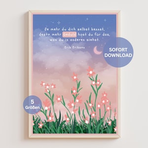 Puede incluir: Una impresión artística enmarcada con un paisaje pastel con flores rosas y follaje verde. La obra de arte incluye una cita en alemán y las palabras "SOFORT DOWNLOAD". Una insignia circular indica "5 Tamaños".