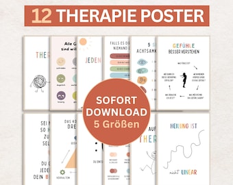 Conjunto de 12 carteles de terapia con imágenes digitales de descarga para salas de terapia en psicoterapia o asesoramiento psicológico. Cartel de salud mental.
