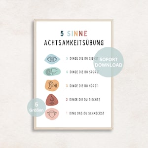 5 Sinne Übung Achtsamkeit Poster Stressabbau Beruhigung im Alltag 54321 Übung Entspannung Gedankenspirale Panikattacke Therapie Wandbild