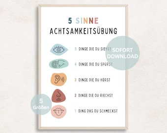 5 senses exercise mindfulness poster stress reduction calming in everyday life 54321 exercise relaxation thought spiral panic attack therapy mural