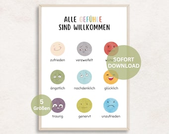 Feelings Poster German Adults and Children Emotions Poster Mental Health Positive Negative Feelings Affirmations Therapy Room PDF