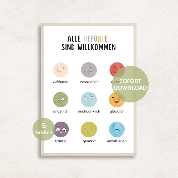 Gefühle Poster deutsch Erwachsene und Kinder Emotionen Poster Psychische Gesundheit Positive negative Gefühle Affirmationen Therapieraum PDF