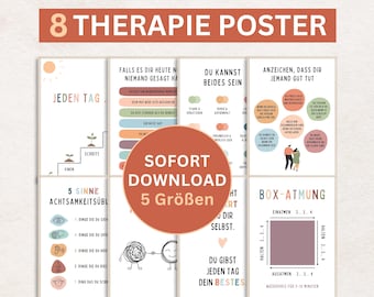 Conjunto de 8 carteles de terapia con imágenes digitales de descarga para salas de psicoterapia o asesoramiento psicológico, póster de salud mental.