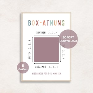 Puede incluir: Un cartel enmarcado con el texto "BOX-ATMUNG" en letras coloridas. El cartel ilustra una técnica de respiración en caja con instrucciones en alemán, incluyendo "EINATMEN", "HALTEN" y "AUSATMEN". Un círculo indica "SOFORT DOWNLOAD".