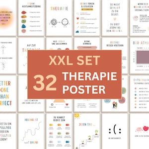Könnte beinhalten: Ein Set von 32 Therapie-Postern mit deutschen Texten und Designs. Die Poster enthalten motivierende Zitate, Illustrationen und Sätze zu Themen wie psychische Gesundheit und Selbstfürsorge. Das Set trägt den Titel "XXL SET 32 THERAPIE POSTER".